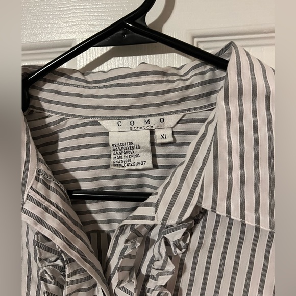 Como Stretch Striped Ruffle Button-up Blouse, Size XL - Picture 2 of 3